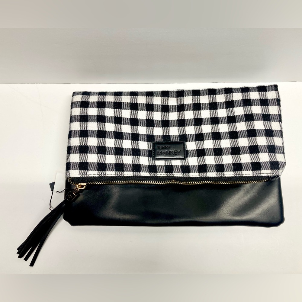 Funky Monkey Boutique White Check Buffalo Plaid Foldover Clutch Purse NEW NWOT.